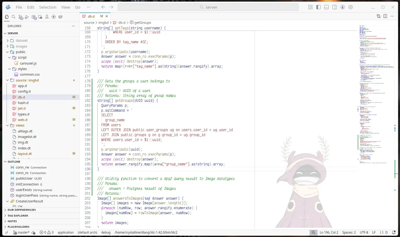 A screenshot of a somewhat riced VSCodium window, with an image of Rune from Paper Lily in the bottom right corner. Code comments and keywords are in cursive.